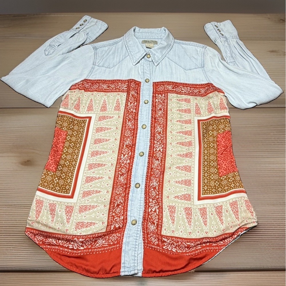 Lucky Brand Dixie Bandana Print Shirt Sz Small Pearl Snap Western Chambray Top